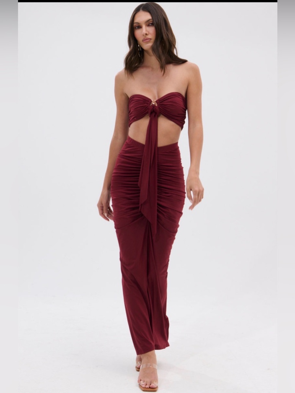 SEXY RUCHED BACK SLIT Ruched MAXI SKIRT in Burgundy
